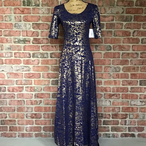 LuLaRoe Ana Maxi Dress Elegant Blue With Metallic Gold XS & SM Available NWT! - Picture 2 of 12